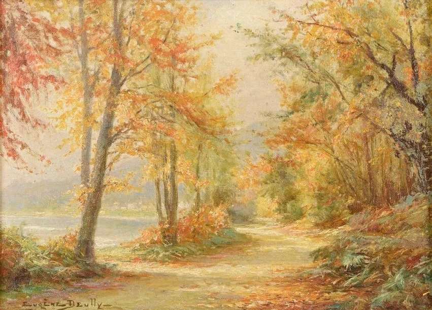 Eugène Auguste François Deully - Paesaggio di sottobosco, ai margini di un lago di montagna